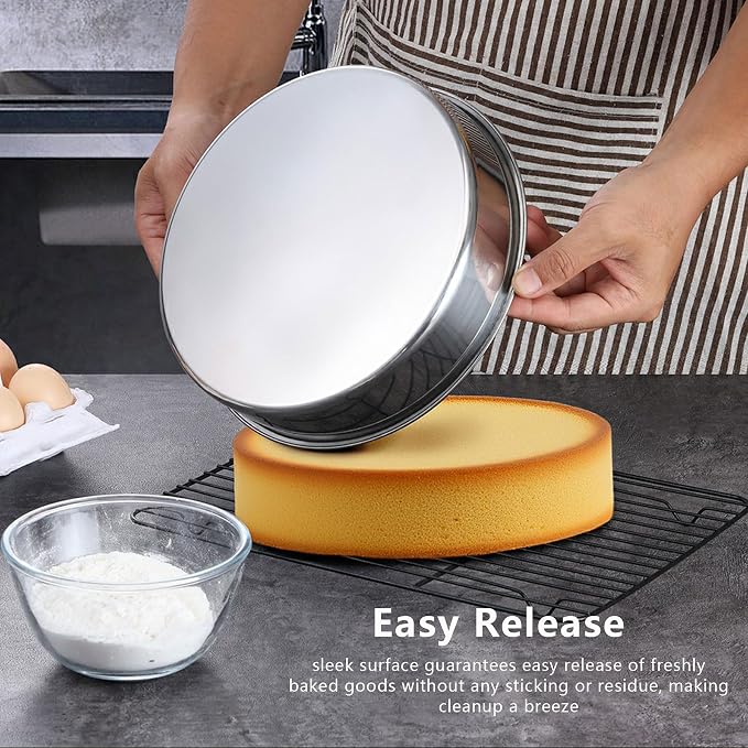 LIANYU Cake Pan 9 Inch Round, Stainless Steel Round Wedding Cake Baking Pan | Metal Birthday Baking Tin Oven Pan for Layer Cake Brownie Lasagna, Leak Proof, Dishwasher & Pot Safe - Image 4