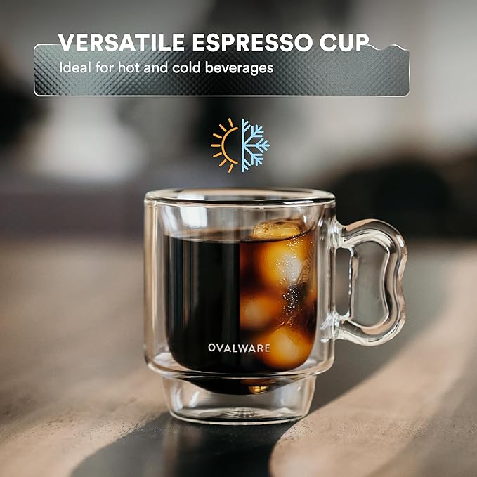 ovalware RJ3 Espresso Coffee Cups 4oz/120ml (Set of 2) Double-Walled Cup w/Solid Butterfly Handle - Elegant Borosilicate Espresso Shot Mug - Stackable Insulated Transparent Demitasse