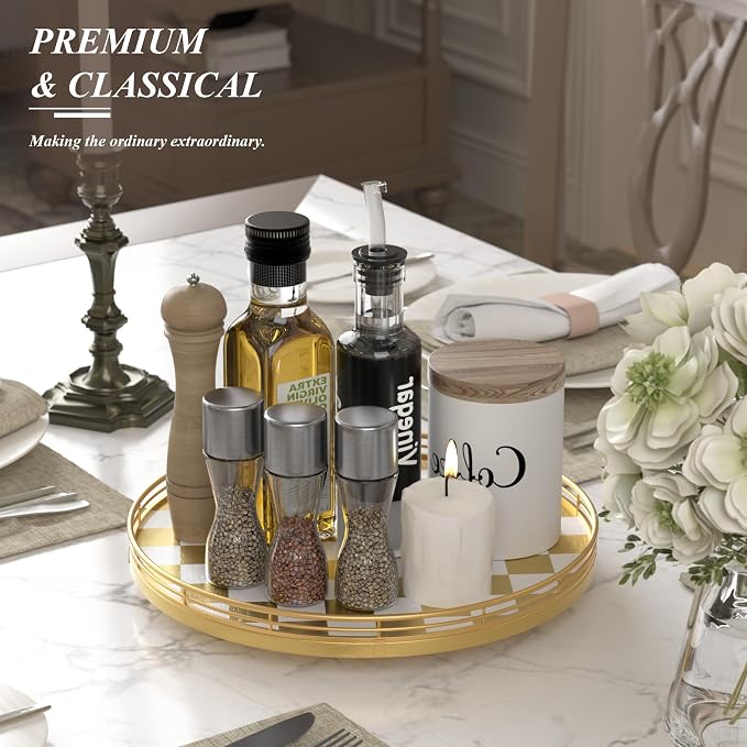 AMH 13-Inch Gold and White Checkerboard Lazy Susan with Rubberwood Base | Smooth rotating oak tray with walnut finish for dining tables, kitchen counters, pantries and cabinet storage. - Image 4