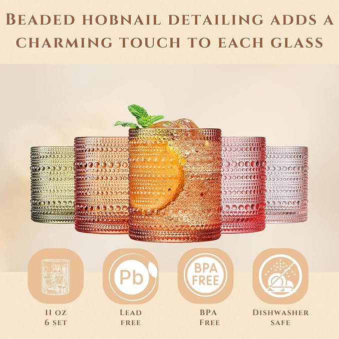 Hobnail Beaded Highball Drinking Tumbler Glasses | Set of 10 | Color, Vintage Bubble Design Whiskey Glassware, Old-Fashioned, Embossed Design, Water, Wine, Cocktail Embossed Heavy Glass, Rocks Glass - Image 3