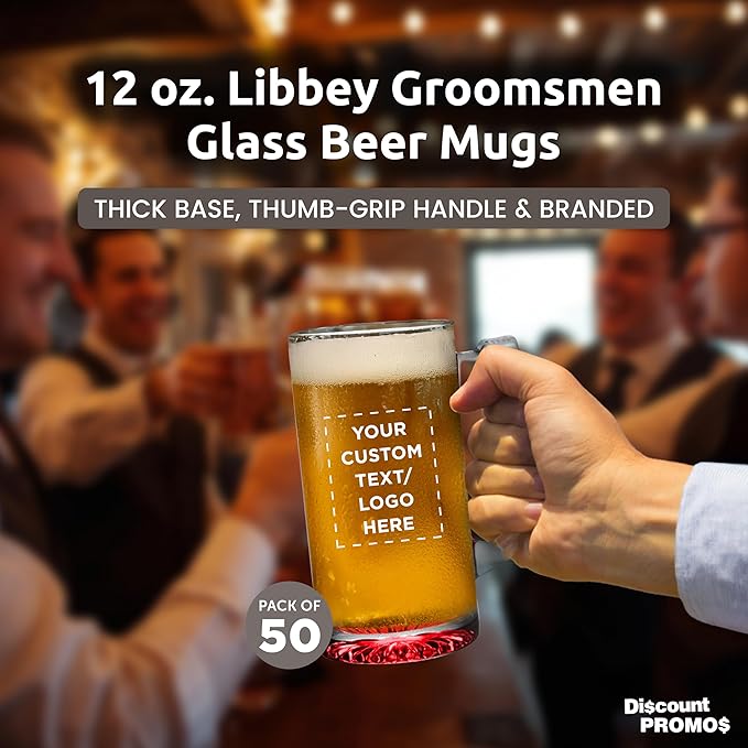 50 Libbey Beer Mugs Set, 12 oz. - Customizable Text, Logo - Groomsmen Glassware - Red