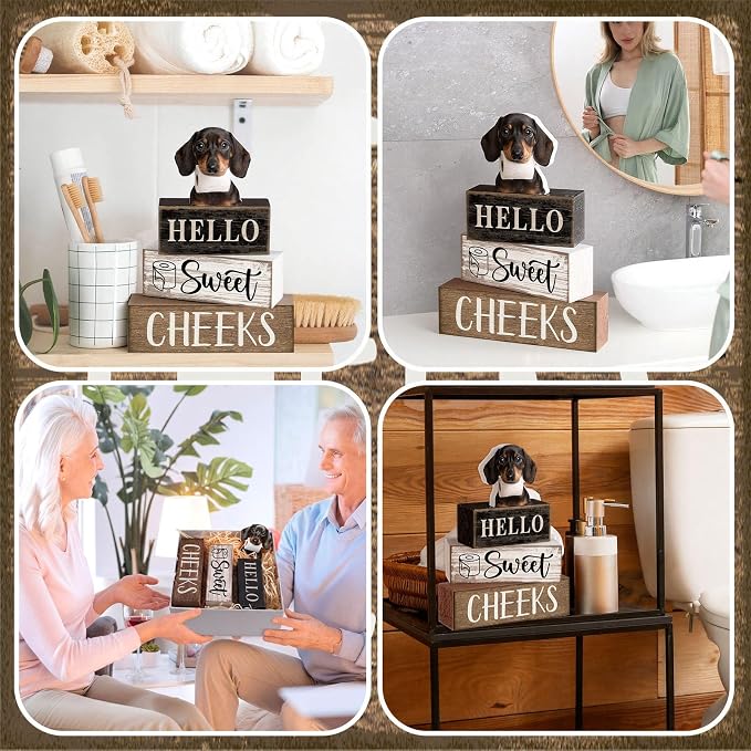 Moucuny 4 Pcs Dachshund Bathroom Decor Set Funny Toilet Wooden Tiered Tray Decor Farmhouse Dachshund Centerpiece Rustic Bathroom Shelf Decoration Hello Sweet Cheeks Decoration for Home Office - Image 4