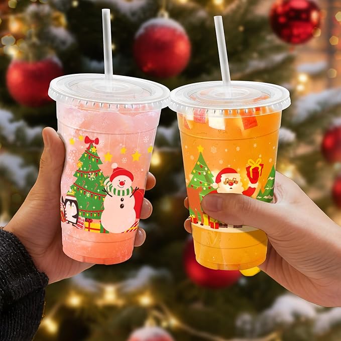 Christmas 20 OZ 50 Pack Plastic Cups with Lids and Straws, Sturdy Food Safe Iced Clear Coffee Cups Disposable Smoothie Cups for Cold Drinks