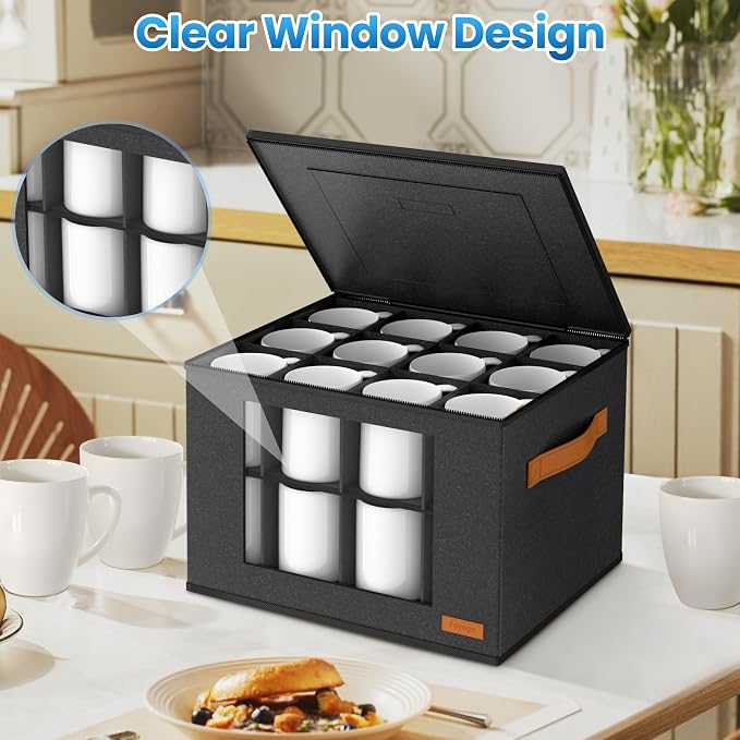 Foyego Cup and Mug Storage Box with 24 Dividers, Dark Gray, 2-Layer | with Lid, Visible Window, Soft Handles, for Packing and Moving, Stackable Storage Containers for Coffee Mug Cups and Glasses - Image 4