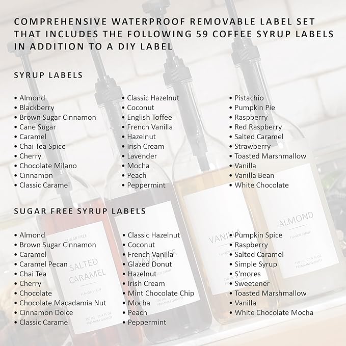 Demi's Home 25.4 oz 750 ml Glass Coffee Syrup Dispenser for Coffee Bar - 4 Pack - Comprehensive Label Set & ¼ oz Pumps Included