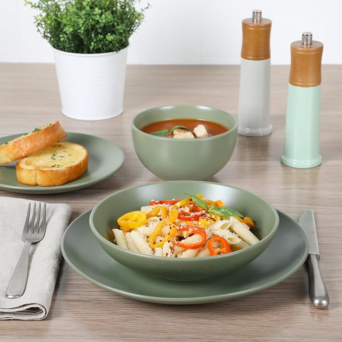 Gibson Home Queenslane 16-Piece Matte Green Stoneware Dinnerware Set – Double Bowl Plates and Bowls, Durable Kitchen Dinner Set - Image 3
