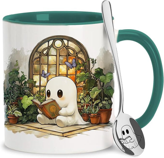 Hyturtle Cute Ghost Reading Mug Gifts for Readers on Birthday, Halloween | Book Lover Mug, Plant Lover Gifts For Women, Premium 11oz ceramic mug, Vivid durable double-sided print, Comfort grip handle by Hyturtle