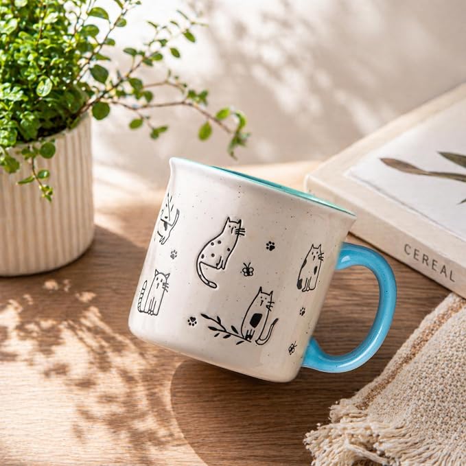 AmorArc 22 OZ Large Ceramic Coffee Mugs Set of 2, Oversized Mugs With Big Handle for Men Women Dad Mom, Big Mug With Textured Dogs Cats Patterns for Office & Home -Microwave Safe, 2 Pcs-Blue - Image 4