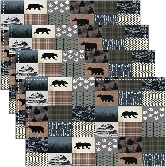 Feelyou Bear Table Place Mats 18"x12" Wild Animal Placemats Set of 4 Ultra Soft Striped Boho Placemat for Kitchen Dining Table Rustic Cabin Country Indoor Outdoor Decor Table Mats Farmhouse Camper by Feelyou