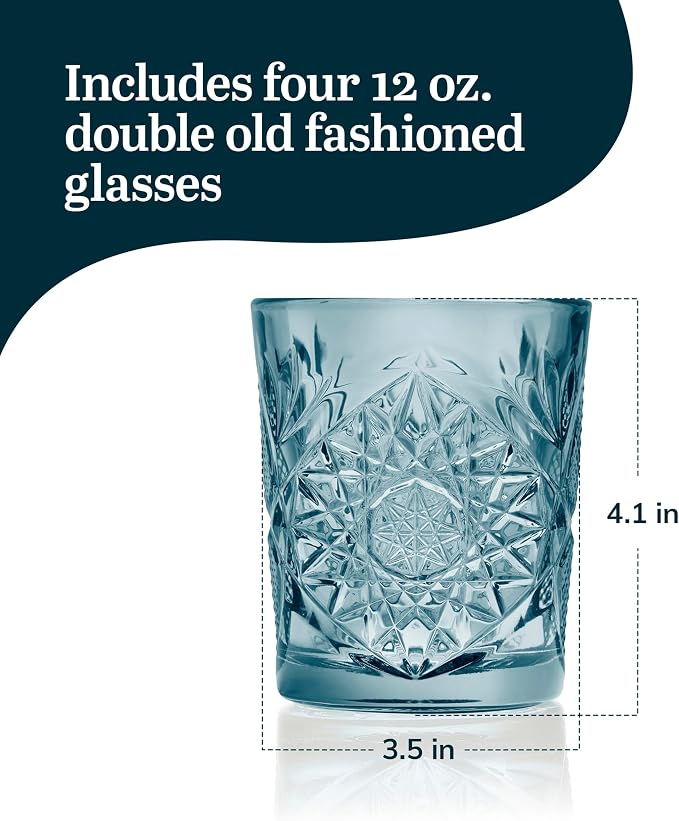 Libbey Hobstar Double Old Fashioned Glasses, Blue Colored Cut Glass Drinking Glasses Set of 4, Durable, Vintage Whiskey Glasses for Cocktail, Drinks - Image 3