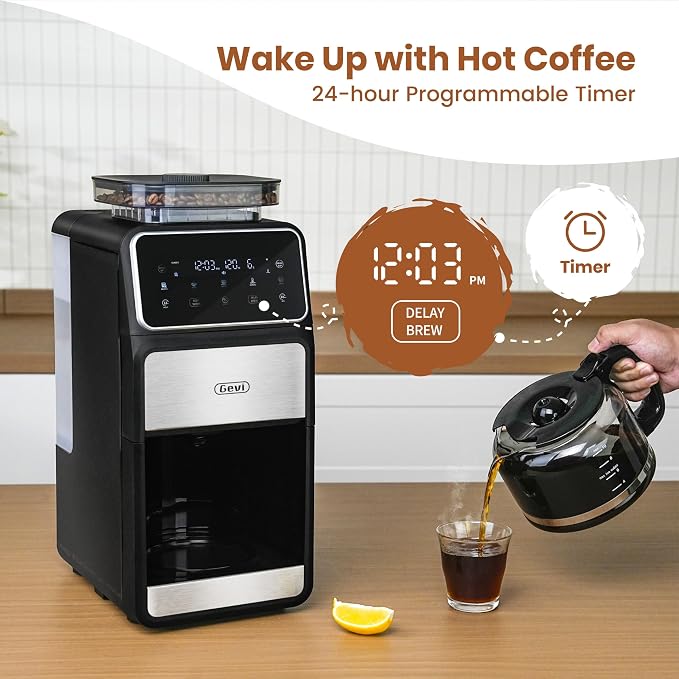 Gevi 10-Cup Drip Coffee Maker With Built-In Burr Grinder & Touch Screen | Programmable Brewing, 4-Hour Warming Plate, Permanent Filter, Included Glass Carafe for Fresh Grind-And-Brew Coffee at Home - Image 5