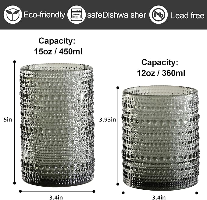 ZMOWIPDL 12oz & 15oz Hobnail Drinking Glasses,Grey Glass Cups Set of 8 | Vintage Highball Glassware，Kitchen Drinkware，Embossed Water Tumbler,for Beer,Cocktail,Whiskey,Juice,Various Mixed Drinks - Image 2