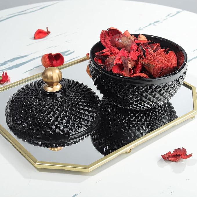 Joeyan 12 oz Small Black Glass Jars with Lid,Embossed Glass Candy Dishes,Diamond Faceted Food Container,Decorative Jewelry Box Apothecary Canisters,Colored Kitchen Bathroom Buffet Storage Organizer - Image 4