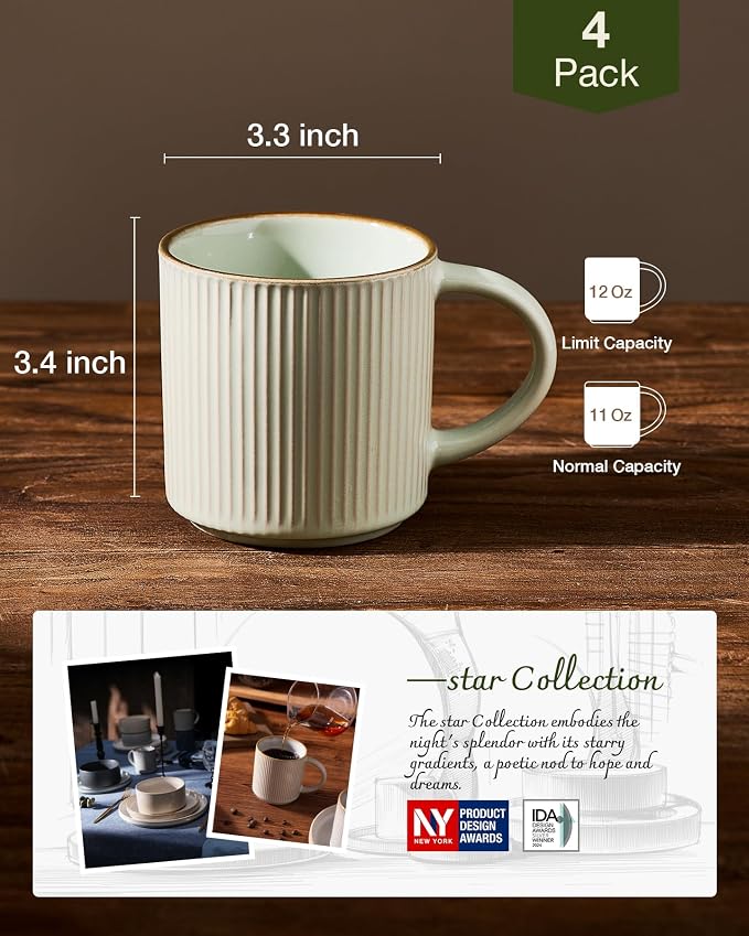 famiware Star Coffee Mug Set for 4, Handcrafted 12 oz Ceramic Stoneware Mugs Cup Set, Chip-Resistant & Stackable, Dishwasher/Microwave Safe, Light Green - Image 4