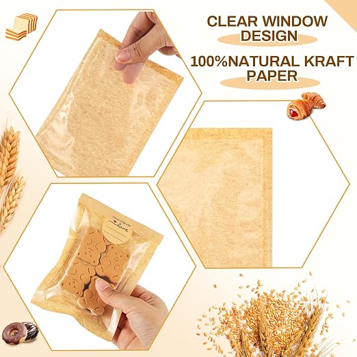 Outus 50 Pcs Cookie Packaging Bags with Seal, 4 x 6 Inch Bakery Pastry Bags with Window, Heat Sealable Grease Resistant Paper to Go Bake Sleeves for Gift Giving Donut Bread Sandwich (Brown) - Image 3