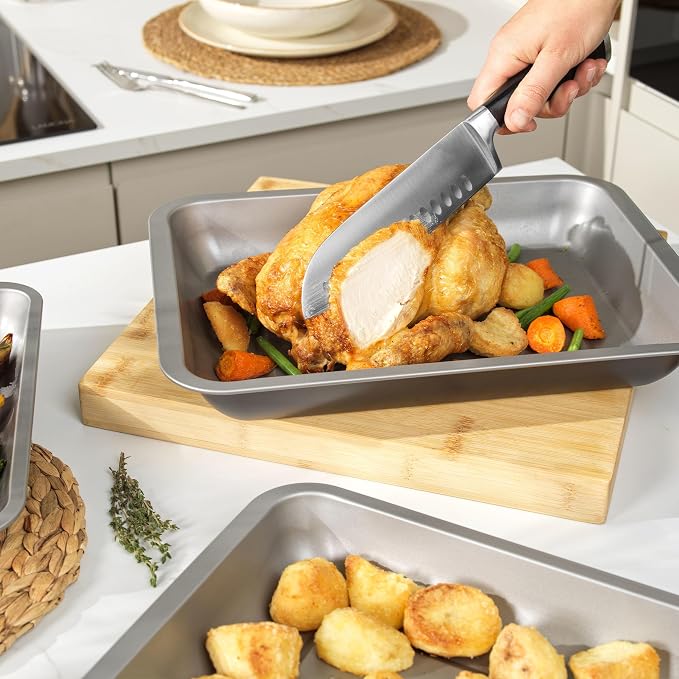 Salter Essentials Roasting Tray Set, 3 Piece Carbon Steel, 31/35/39 Cm | Non-Stick Coating, PFOA-Free, Dishwasher Safe, Stackable Nesting Design, Even Heat Distribution, Made In The UK - Image 6