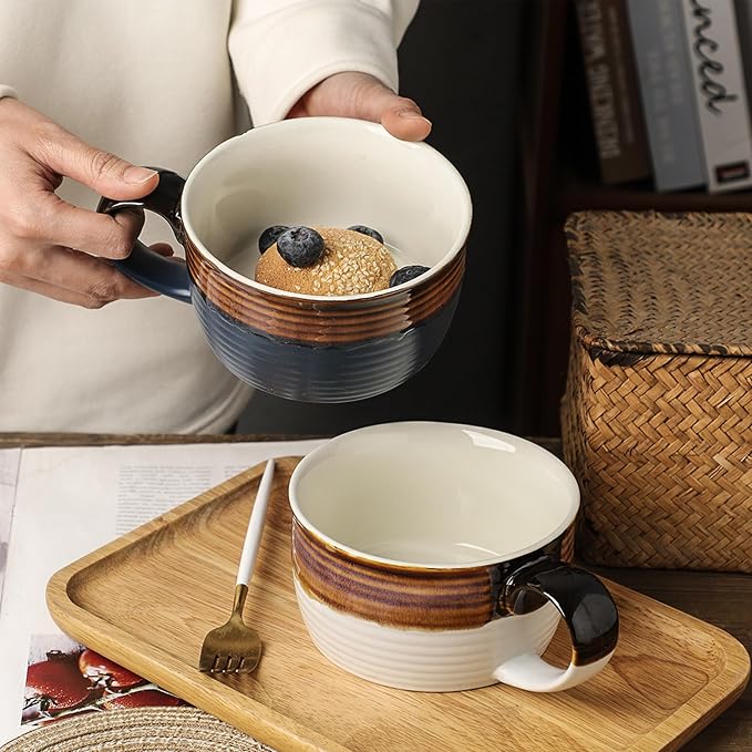 Disoza Oversized Coffee Mug 24 OZ Soup Mug Large Porcelain Soup Bowls with Handles White & Brown XXL Cereal 700 ML Ceramic Large Coffee Tea Cup - Image 5
