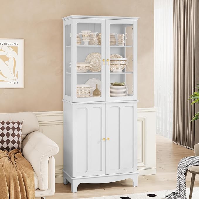 72" Tall Kitchen Pantry Cabinet with Glass Door and Adjustable Shelves, Vintage Food Storage Cabinet for Kitchen, Dining Room, Living Room, White - Image 3