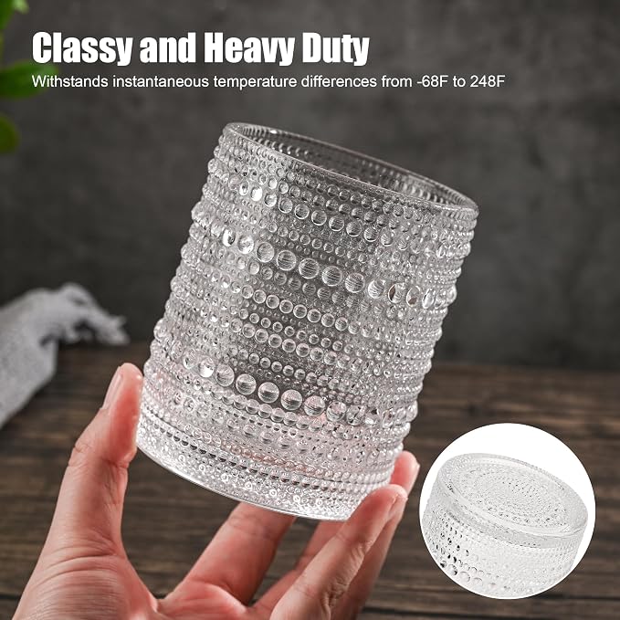 KMIGRUAN Hobnail Drinking Glasses Set of 6,12oz Vintage Glassware Embossed Vintage Water Cups Cocktail Glasses Juice Glasses - Image 2