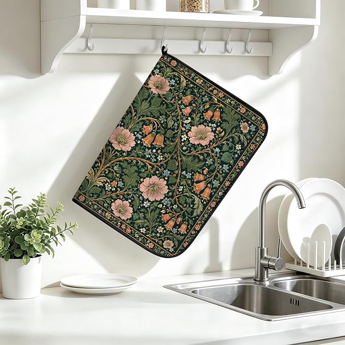 Vintage Floral Dish Drying Mat for Kitchen Counter Coffee Bar 18x24 in | Decorative Non Slip Absorbent Kitchen Dishes Drainer Mat, with Anti-slip Rubber Backing & Hanging Loop, for Sink, Home Gift - Image 5