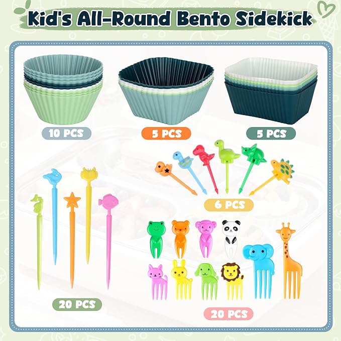 66PCS Silicone Lunch Box Dividers & Cute Animal Food Picks for Kids | 20 Reusable Silicone Cupcake Liners, Muffin Baking Cups, 46 Fruit Toothpicks, Lunchbox Bento Box Accessories Supplies - Image 4