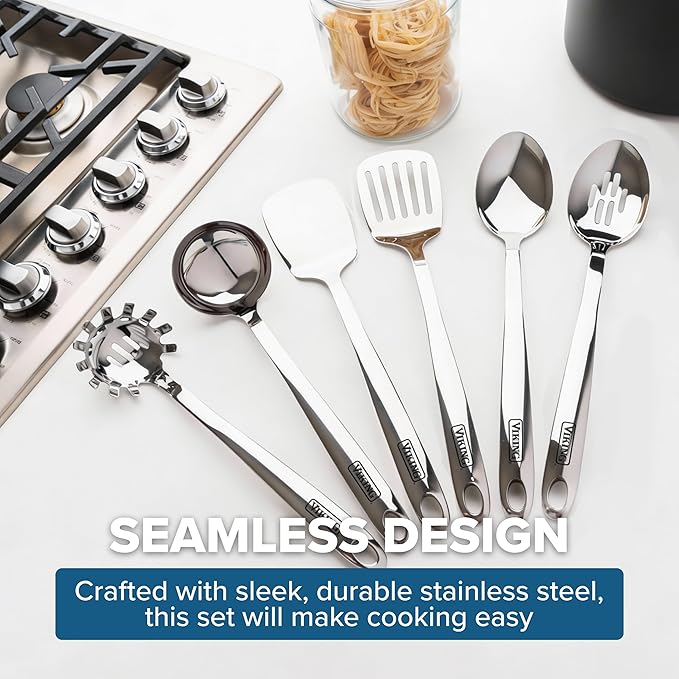 Viking Kitchen Utensils Set, 6 Piece Stainless Steel Cooking Utensil Set, Includes Spatulas, Spoons, Pasta Fork, and Deep Ladle, Hollow Forged, Silver - Image 6