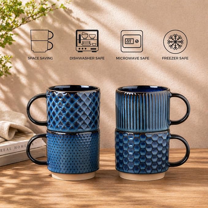 GBhome 12 OZ Stackable Coffee Mugs Set of 4, Ceramic Coffee Cups Set | Coffe Cups With Saucer and Stand, Dishwasher&Microwave Safe, 4 Assorted Designs - Image 8