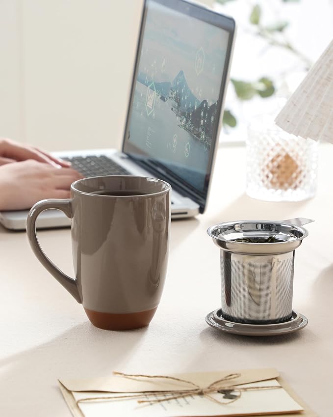 MALACASA Ceramic Tea Mug with Lid and Stainless Steel Infuser, 18 oz Large Tea Cup for Loose Leaf Tea, Heat-Resistant, Microwave & Dishwasher Safe, Speckled Glaze Coffee & Tea Brewer Mug, Khaki Brown - Image 6