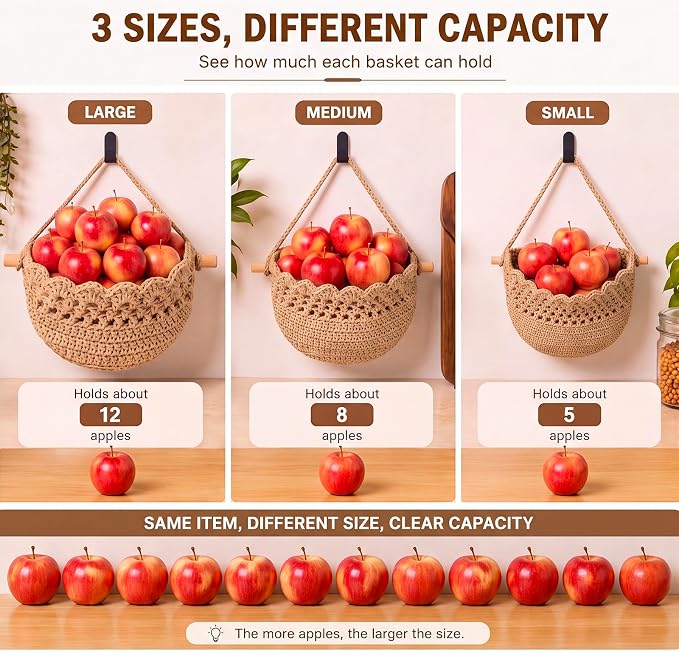 Honeydak Boho Decor Hanging Wall Baskets for Kitchen 3 Pack Teardrop Baskets with Hooks Storage Fruit Onion Vegetable Potato for Home(Dark Brown,Lace,Cotton Rope) - Image 4