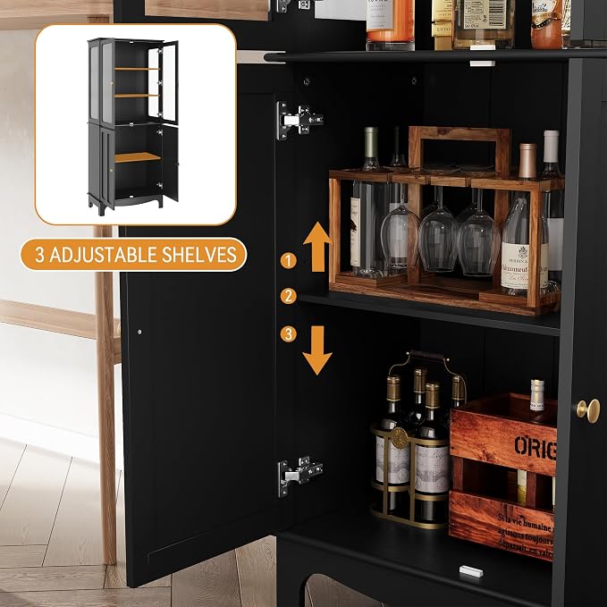 72" Tall Kitchen Pantry Cabinet with Glass Door and Adjustable Shelves, Vintage Food Storage Cabinet for Kitchen, Dining Room, Living Room, Black - Image 6