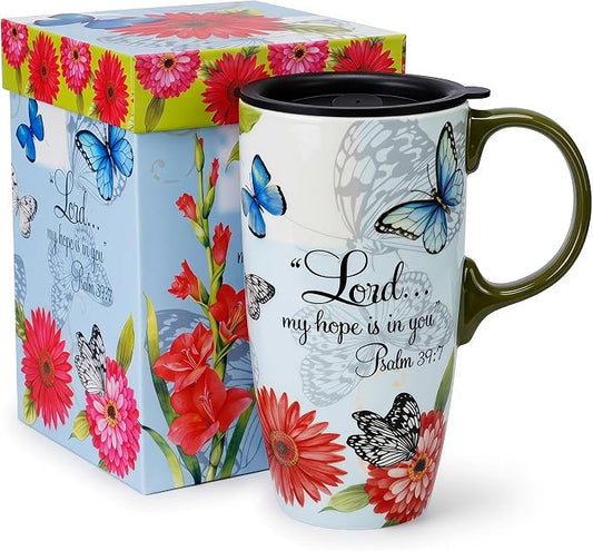 Topadorn 17oz Ceramic Travel Mug with Lid, Christian Butterfly Coffee Mug | Large Coffee Mug with Handle, Psalm 39:7 Floral Design, Microwave & Dishwasher Safe, Gift Box Included by Topadorn