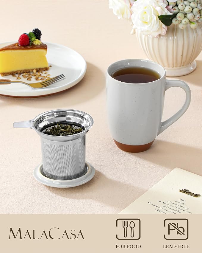 MALACASA Ceramic Tea Mug with Lid and Stainless Steel Infuser, 18 oz Large Tea Cup for Loose Leaf Tea, Heat-Resistant, Microwave & Dishwasher Safe, Speckled Glaze Coffee & Tea Brewer Mug, Khaki Gray - Image 3