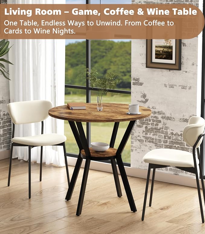 MECHYIN 31.5" Round Kitchen Table for 2-4, Small Round Dining Table with Storage, Rustic Wood Circle Table with Metal Legs, Compact Dining Room Table for Kitchen, Cafe, Apartment and Small Space - Image 7