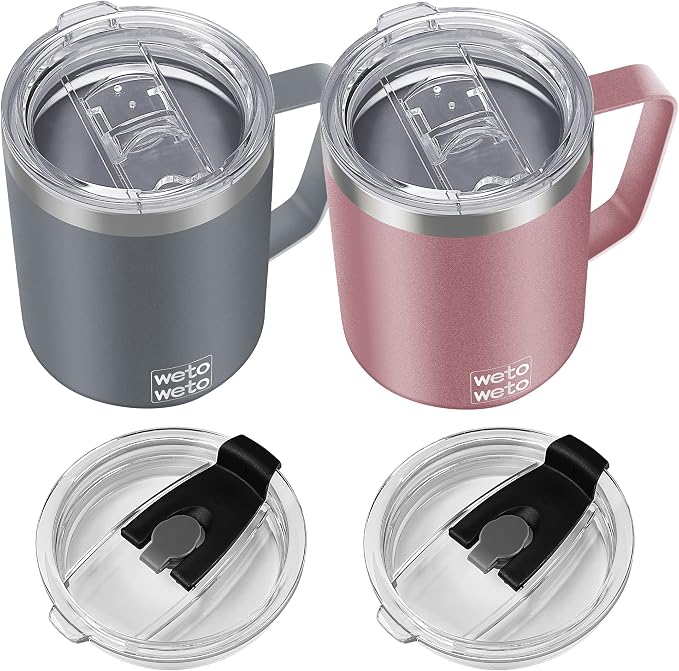 WETOWETO 14 oz Coffee Mug, Vacuum Insulated Camping Mug with Lid, Double Wall Stainless Steel Travel Tumbler Cup, Coffee Mugs Outdoor, Rose Gold & Cool Grey 2 Packs by Wetoweto