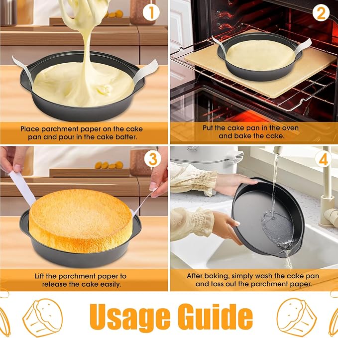 8" Round Cake Pan, 3PCS Nonstick Cake Pans with 100 PCS Parchment Paper, Carbon Steel Cake Baking Pans with Handle, Dishwasher Safe - Image 5