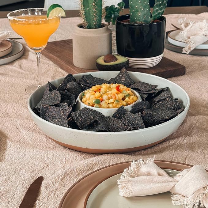 Mora Ceramic Chips and Dip Serving Tray: Large Divided Party Bowl Set for Chips & Salsa, Veggies & Dip, Fruit, Snacks, Entertaining, Hosting, etc. Minimalist Design for the Modern Hostess - Earl Grey - Image 5