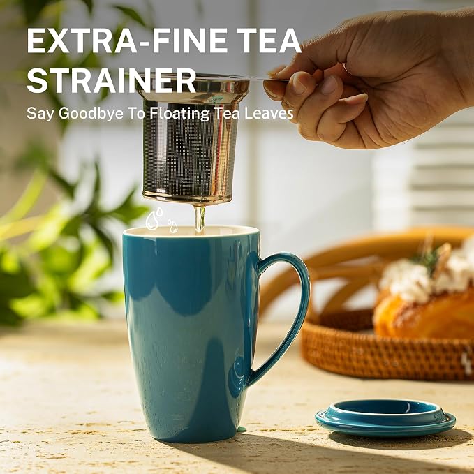 Sweese 15 OZ Porcelain Tea Mug with Infuser and Lid, Loose Leaf Tea Cup, Gifts for Tea Lover, Steel Blue - Image 4