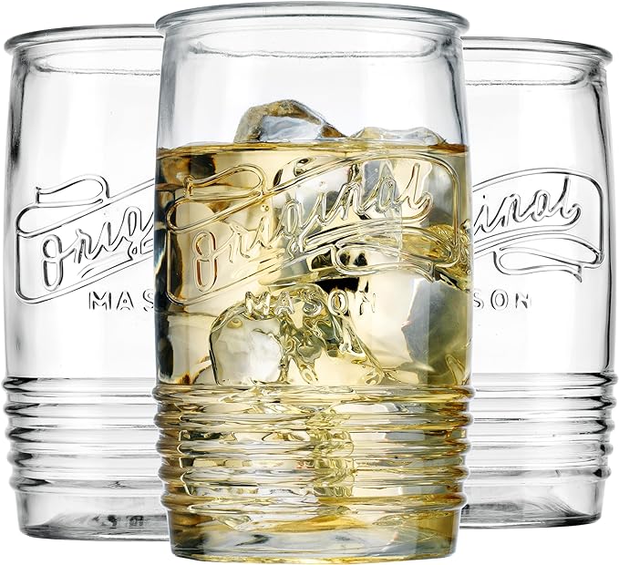 Glaver's Set of 8 Tumbler Glass Cups 20 OZ Mason Stemless Tall Drinking Glasses For Everyday Use, Modern yet Vintage Original Mason Logo Glassware for Bar, Water, Beer, Juice. by Glavers