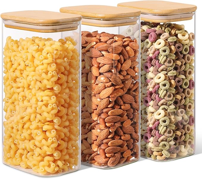ComSaf Glass Storage Containers With Lids 1.8 Qt, 3 Pack Pantry Organizers | Glass Jars With Bamboo Lids, Rectangle Pantry Jar, Kitchen Canisters, Dry Food Storage Cereal, Flour, Sugar, 54oz, BPA Free by ComSaf