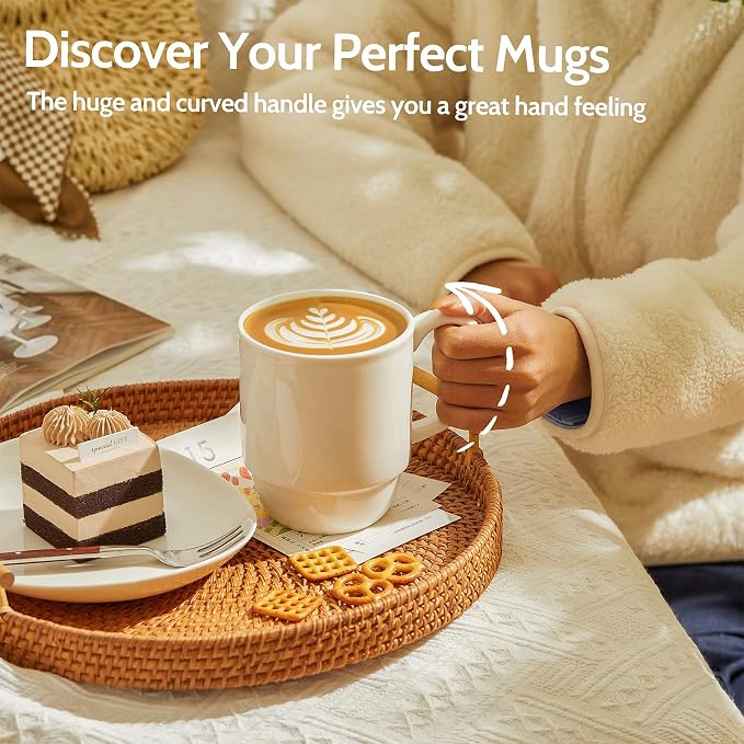 Sweese 21 Oz Large Mug Set, Porcelain Stackable Mugs Sets of 6, Coffee Cups with Handle for Coffee, Tea and Mulled Drinks, White - Image 4