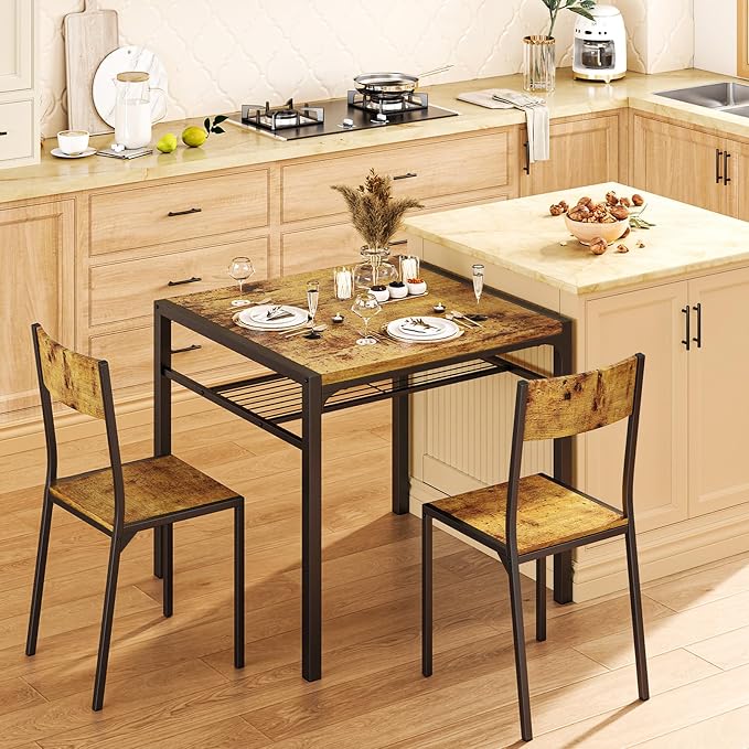 Gizoon 3-Piece Dining Table Set for 2, Small Kitchen Table & Chairs Rustic | Compact rustic 2-person dining set perfect for apartments. Features under-table storage rack and 2 chairs that tuck away. - Image 2