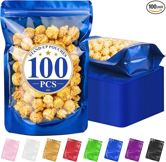 ANZNKU 100PCS Mylar Bags Resealable Small Smell Proof Bags(Blue, 5.9x8.6) | Stand Up Foil Pouches Clear Window, Sealable Bags for Small Business Packaging Snack Party Favors Candy Treats Food Storage by ANZNKU