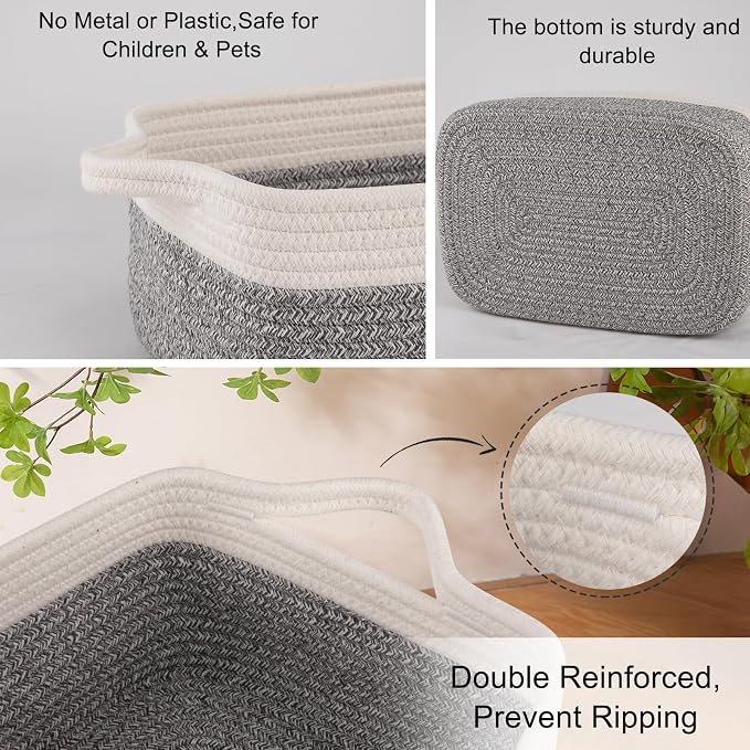 OIAHOMY 3 Pack Storage Baskets for Organizing, Woven Cotton Rope Basket for Shelves, Closet Organizer Bins with Handles, Rectangle Toy Organization, 13.78''×9.84''×5.5'', Grey & White - Image 4