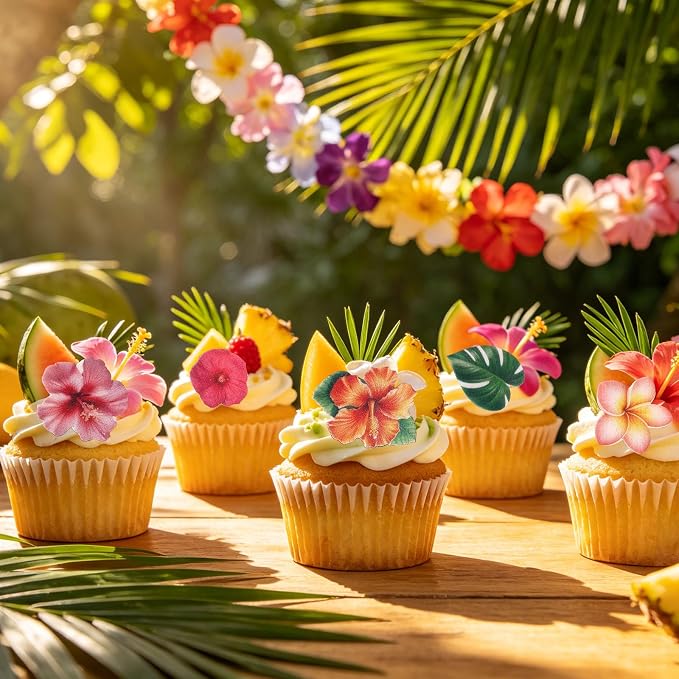 280pcs Edible Hawaiian Cake Decorations, Hawaiian Tropical Design Glutinous Rice Paper Edible Flower Cupcake Decor with 40 Patterns for Summer Birthday Party Baking Supplies (Multicolor) - Image 3