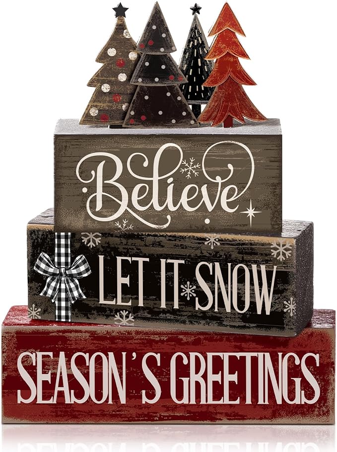 Moucuny 4 Pcs Christmas Table Decor Christmas Tree Centerpiece Rustic Decorative Tree Block Signs Gift Winter Tiered Tray Decor Farmhouse Winter Tabletop Decoration for Home Xmas Party Kitchen Shelf by Moucuny