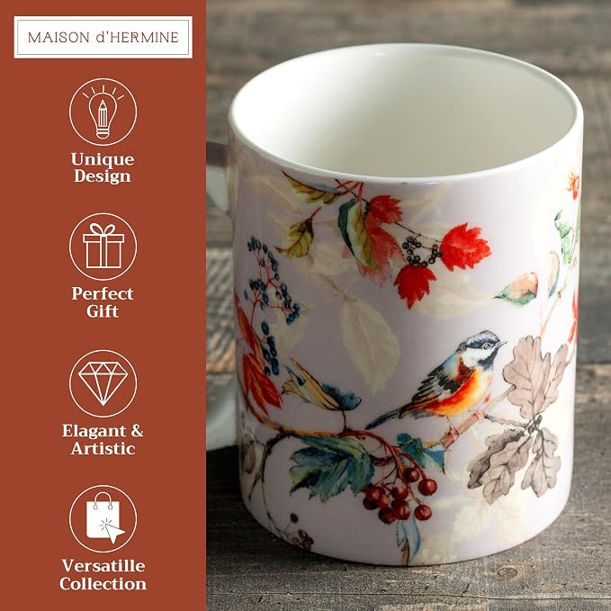 Maison d' Hermine Coffee Mug with Handles Tea Cups (15 Ounce, Pack of 1) | Fine Bone China Coffee Mugs for Hot Beverages Cappuccino Latte Home Restaurant Spring Summer -Equinoxe - Grey - Passerine - Image 2