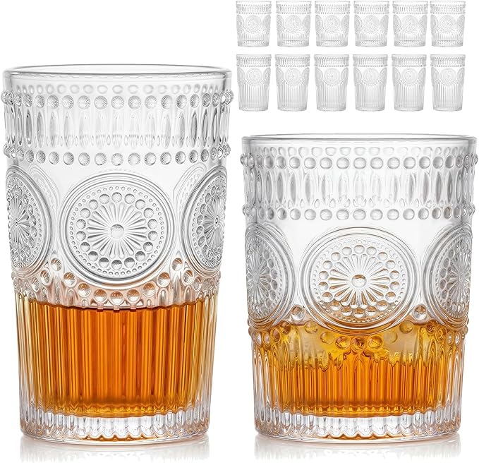 Moretoes Vintage Drinking Glasses Set of 12,Textured Striped Glass Cups | Clear 6 Highball Glasses 12oz & 6 Rocks Glasses 10oz, Mixed Glassware Set, Mojito Cups, Cocktail Glass, Iced Coffee Cup by Moretoes