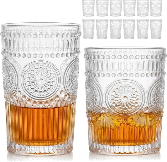 Moretoes Vintage Drinking Glasses Set of 12,Textured Striped Glass Cups | Clear 6 Highball Glasses 12oz & 6 Rocks Glasses 10oz, Mixed Glassware Set, Mojito Cups, Cocktail Glass, Iced Coffee Cup by Moretoes