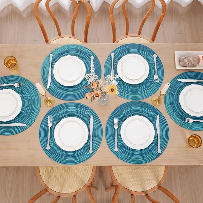 SHACOS 15 inch Round Placemats Set of 6 Variegated Multicolor Place Mats Cotton Polyester Braided Non Slip Washable Heat Resistant Table Mats for Home Wedding Dinner Party Table Decor, Rainbow Teal - Image 6