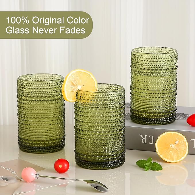 ZMOWIPDL Drinking Glasses Set of 6,15 oz Green Hobnail Glass Cups | Vintage Glassware，Embossed Water Tumbler,for Beer,Cocktail,Whiskey,Juice and Various Mixed Drinks- 1 Cleaning Brush - Image 3
